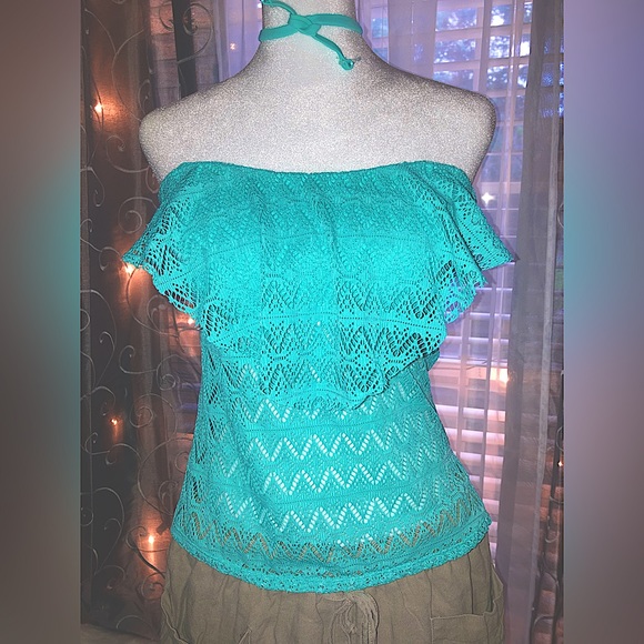 Hula Honey Turquoise Lacey Ruffled Open Back versatile Strap Bikini Top M EUC - Picture 1 of 14